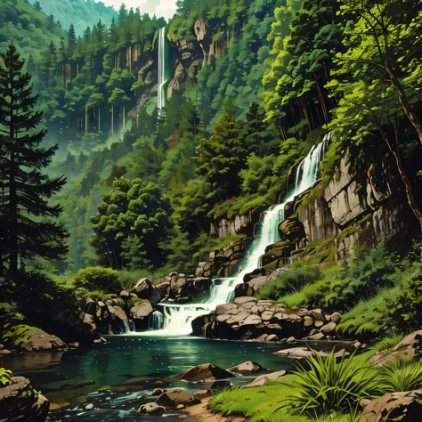 Beautiful forest with green edge with a waterfall in the background.