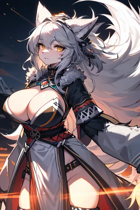 furry, female, great grey wolf, night, glowing hairs, fluffy tails, breasts, tribal outfit