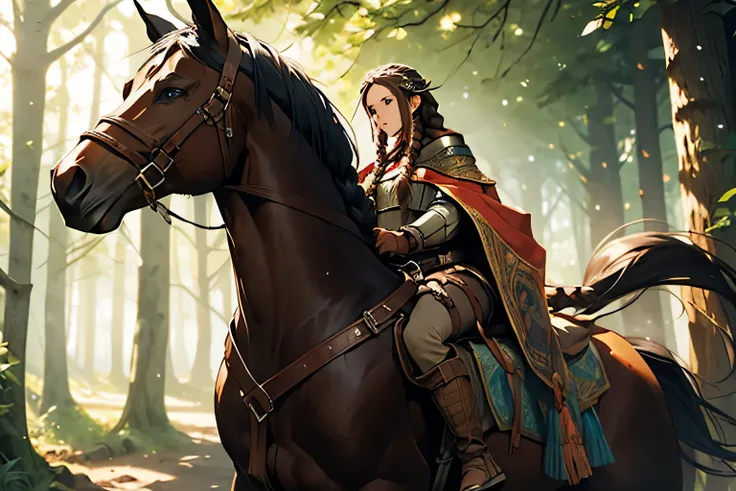 girl with long, braided hair in a travelers clothes rides a horse through forest, fantasy medieval RPG

