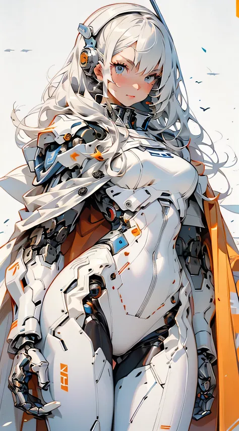 wearing a white suit、close-up of woman in cloak, girl in mecha cyber armor, anime robot mixed with organic, wearing white futuri...