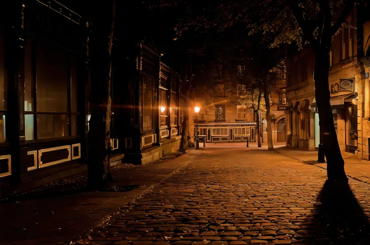 dimly lit street with a bench and trees on both sides, street at night, on a street at night, night street, shady dark backalley at night, in city street at night, street night, quiet street, city street at dusk, cobblestone street, dark street, dark wet l...