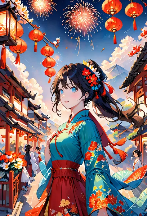 Solo, 1Girl, holding, standing, long hair, (China_dress: 1.2), (green eyes: 1.1), colored candy, black hair, looking at the audience, upper body, (lantern/lamp: 1.1), flowers, Spring Festival, New Year, (fireworks: 1.1), long sleeves, Oriental dragon, whit...