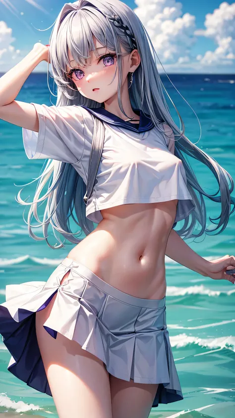 very cute 12 year old girl、(white t-shirt、mini skirt、)、Ocean、silver blue colored hair、purple eyes、white skin、beautiful skin、Only the shape of the nipple is visible、