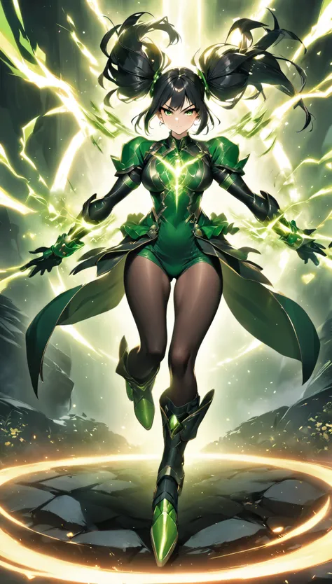 the image shows an woman in a black and green costume with energy bolts, 1woman,breasrm.volumed body, perfect body , pantyhouse,mature female gloves,boots,full body, twintails, black hair, electricity, green eyes