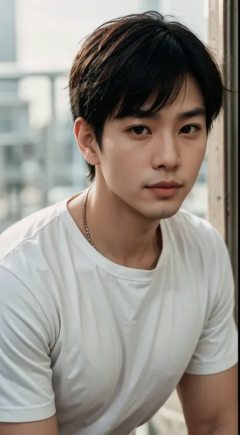 portrait of a handsome asian man 25 years old round face movie look, above the chest, casual wear