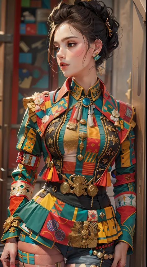 Beautiful woman in intricate Bold and Patchwork Outfit