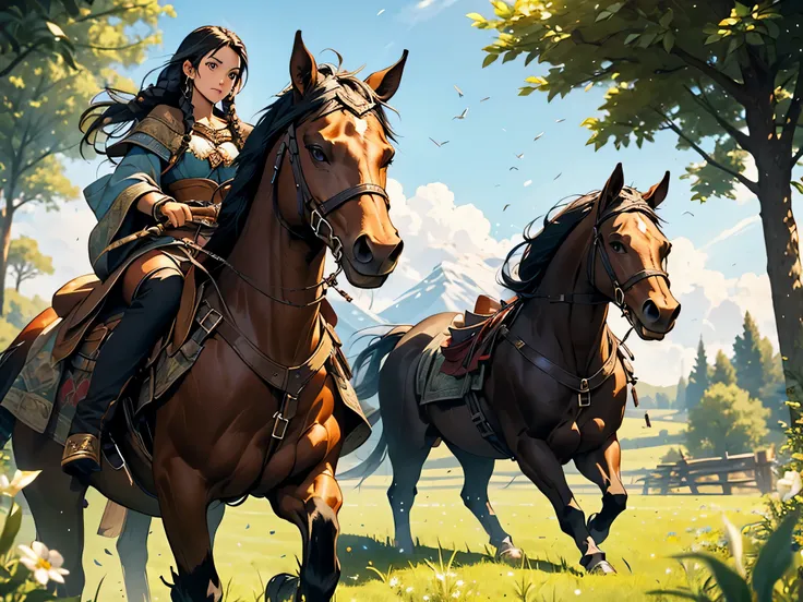 girl with long black hair and braided in a travelers clothes rides a horse through meadow, fantasy medieval RPG, detailed face