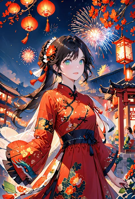 Solo, 1Girl, holding, standing, long hair, (China_dress: 1.2), (green eyes: 1.1), colored candy, black hair, looking at the audience, upper body, (lantern/lamp: 1.1), flowers, Spring Festival, New Year, (fireworks: 1.1), long sleeves, Oriental dragon, whit...