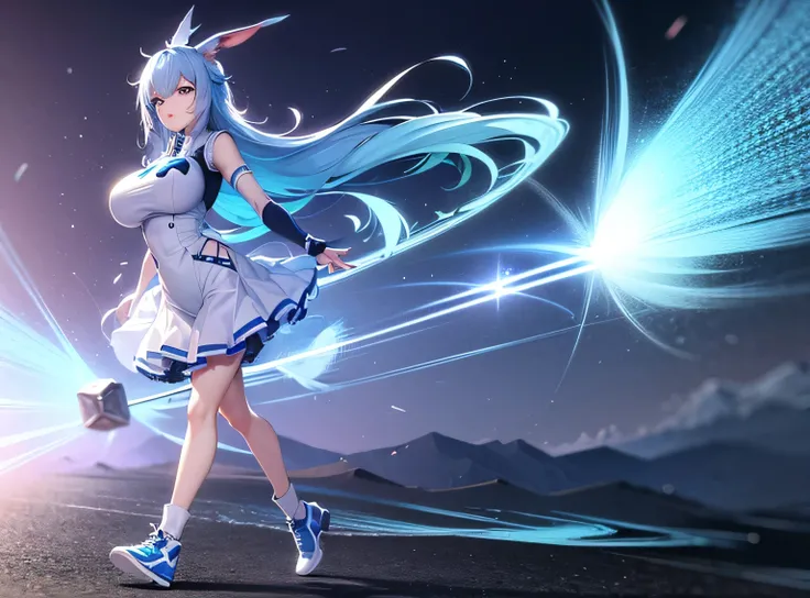 (Highly detailed 8K wallpaper), full body shot of an anime boy with very large breasts, particle lighting, high details, white and blue sportswear, running in the mountains, light blue hair, blue phoenix, with white rabbit ears