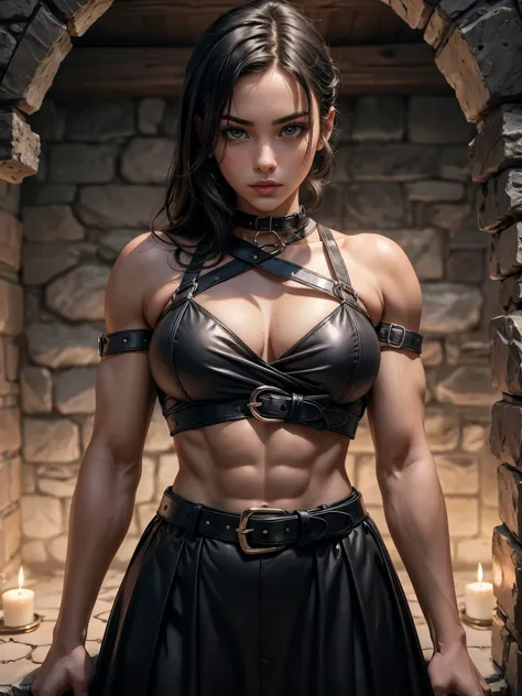 handsome girl, BDSM, The girl is tied with belts, hande, strapped behind the back, The Stone Chamber, Sturdy straps, muscled body, lifelike skin, black  hair, tmasterpiece, realistness,