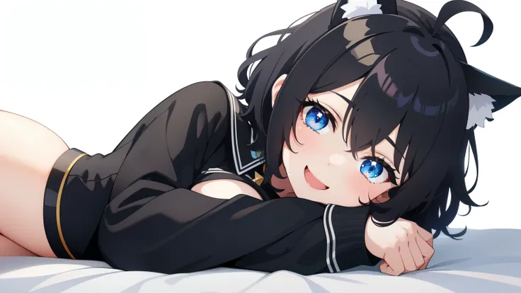 looking at the viewer, 1 girl, open your mouth, smile, Virtual YouTuber、with a girl、((highest quality, expensive_solve, clear_image)),(black hair), (black cat ears), (Ahoge), (ridiculously short hair), (wavy hair), (blue eyes),、laughter、very big breasts,co...