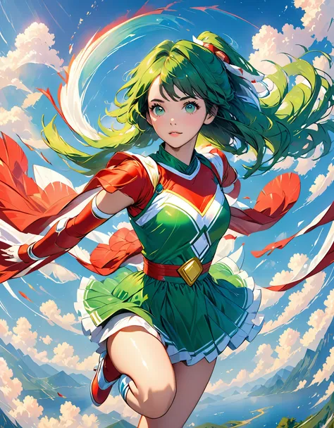 4K, actual, Attractive, Very detailed, There is a girl in the sky, Dressed as a power ranger, She&#39;s a power ranger., superhero theme, Green hair, 25 years old, whole body