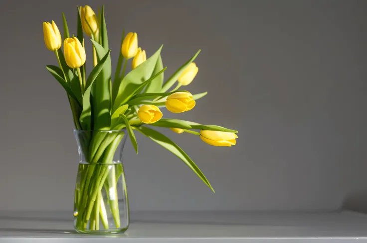 there is a vase with yellow flowers in it on a table, tulips, dslr photo of a vase on a table, in a short round glass vase, flowers and stems, tulip, vase with flowers, photorealism ”, istock, hyperdetailed photorealism”, still life photography, yellow flo...