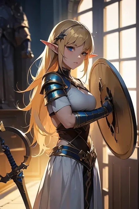 ((masterpiece, best quality)), (elf ears), female elf singing, female blonde elf with blue eyes in armor, stunning character art...