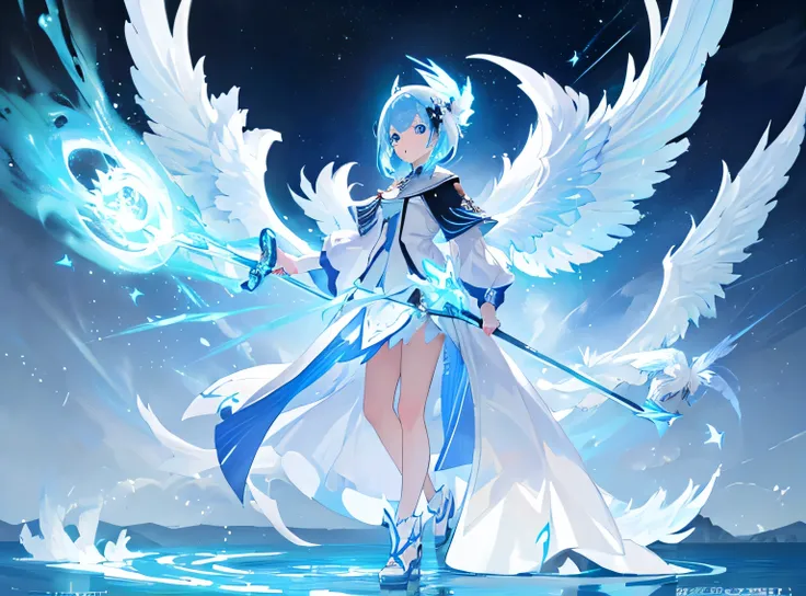 (Highly detailed 8K wallpaper), full body shot of an anime girl, blue and white luaf outfit, particle lighting, high details, with blue and white phoenix, by a lake, fighting, light blue hair,