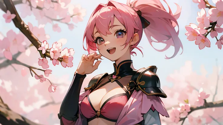 masterpiece、High resolution、highest quality、4k、whole body、1 beautiful girl、real anime、warrior、cherry blossom bikini armor、Big eyes、cute eyes、pink hair、ponytail、open mouth smile、cheek、raising one hand、A small bird is perched on one hand.、super big breasts、c...