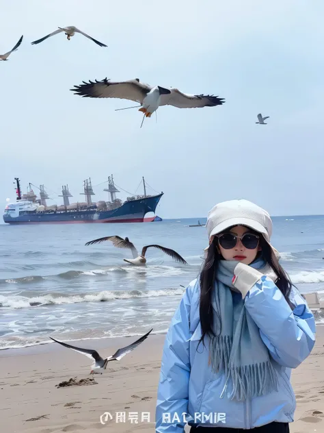 Alaphis on the beach with a woman wearing a hat and scarf, Flying ships in the background, Dilireba, in the sea, Take a photo with the sea on the beach, vacation photos, with great birds, Queen of the Sea Mu Yanling, photo, on the sea, There is a bird on h...