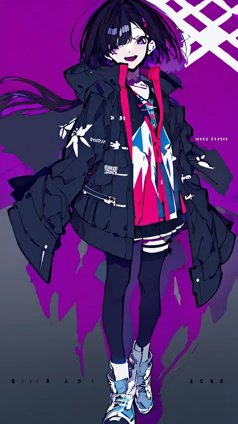 oversized jacket,Purple,black color,high layer cut,smile,full body,whole body,Standing picture,standing position,VTuber,upright,An illustration,anime,anime,Two dimensions,2D