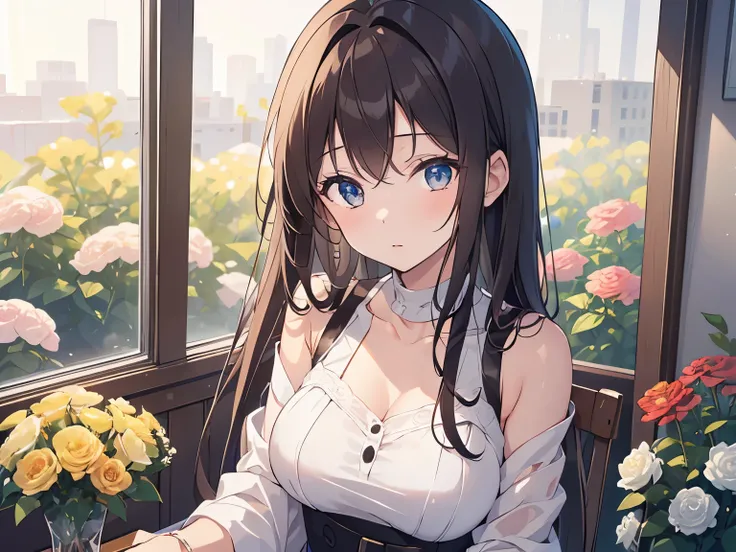 1 girl, ((Top quality high resolution)), a wig is displayed sitting on a table with flowers and some flowers, flower, long hair, alone, 1 girl, black hair