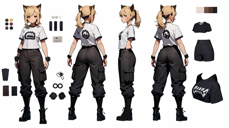 (Masterpiece, best quality), detailed, ((character concept art)), ((character design sheet, same character, front, side, back)), many items, (1girl, (monstergirl, catgirl), t-shirt, cargo pants, military boots, many parts), (light skin color:1) , (brown ey...