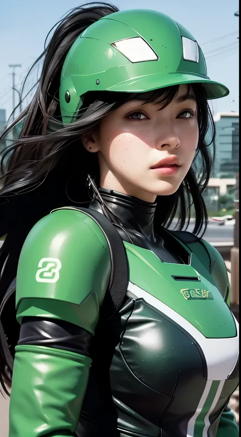 Highest image quality, Excellent details, ultra high resolution, (realism: 1.4), best illustrations, Offer details, Highly concentrated 1girl, Has a delicate and beautiful face, Wearing black and green mecha, Wearing a mecha helmet, holding direction contr...