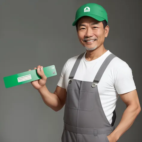 A middle-aged decoration worker，Asian men，Half-length professional ID photo，Plain gray background，Good lighting，Wear green paint overalls，white cap，Smile