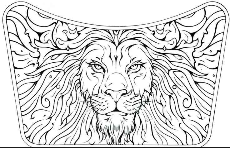 (Monochrome, Adult Colouring Pages, Vectorized) Lion on oval bag vector design, minimalist line drawing: lion on oval bag vector design, minimalist line drawing: 3, vector design, image of lion head on the front, lions hairs all over the image, head, compo...