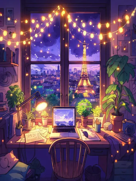 Draw anime lofi scene of fairylights tiny workdesk room, cozy, plants, books, laptop, household items, eiffel tower visible from window, ambient light, purple greenish light, vibrant colors, peaceful, natural color tones, cloudy sky, beautiful color palet...