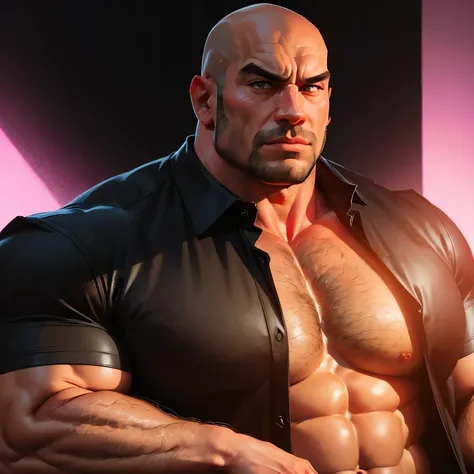 an exaggeratedly muscular and large bald bodyguard, (black collared shirt: 1.2), unbuttoned shirt, (exposed pecs: 1.1), (bara pecs: 1.3), (hairy pecs: 1.1), portrait HD, pink background light