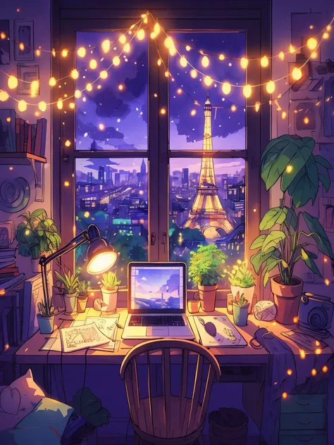 draw anime lofi scene of fairylights tiny workdesk room, cozy, plants, books, laptop, household items, eiffel tower visible from...