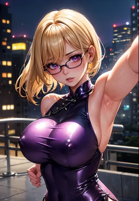 Taiwanese gravure idols　Glasses　gal makeup　Bright blonde short hair with bangs　smoky makeup black eyeshadow　Plump cheeks　round face　((Super shiny purple metallic cheongsam))　Rooftop of a building in the evening with a cyberpunk view　Gloss rouge bright red ...