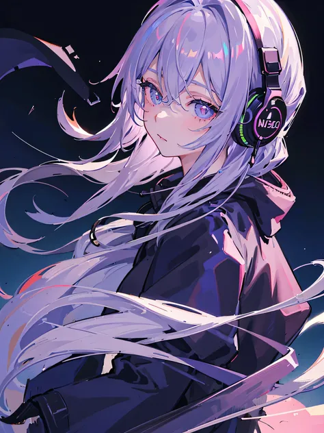 (masterpiece, side light, Super detailed, Beautiful detailed eyes: 1.2), 1 girl, bag, City of night,From the side, headphones, hood, hood down, hooded Jacket, hoodie, Jacket, lilac hair, profile, alone, Upper body, masterpiece, highest quality