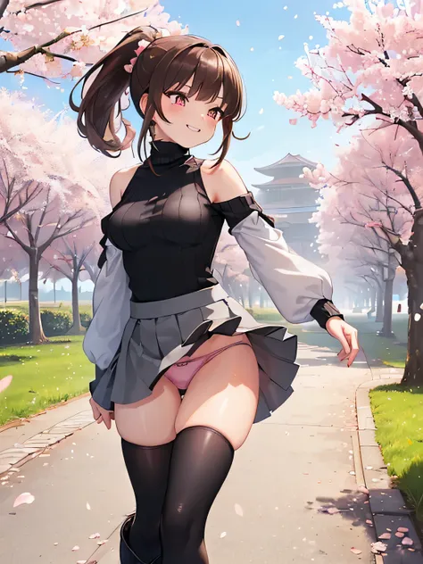 (Masterpiece, top quality, high resolution, realistic photo, realistic looking skin:1.1),
(Woman walking in park lined with cherry blossom trees:1.2),
(Skirt billowing in the wind: 1.8),
(Fully exposed panties:1.8),
(grinning shyly:1.5),(grinning expressio...