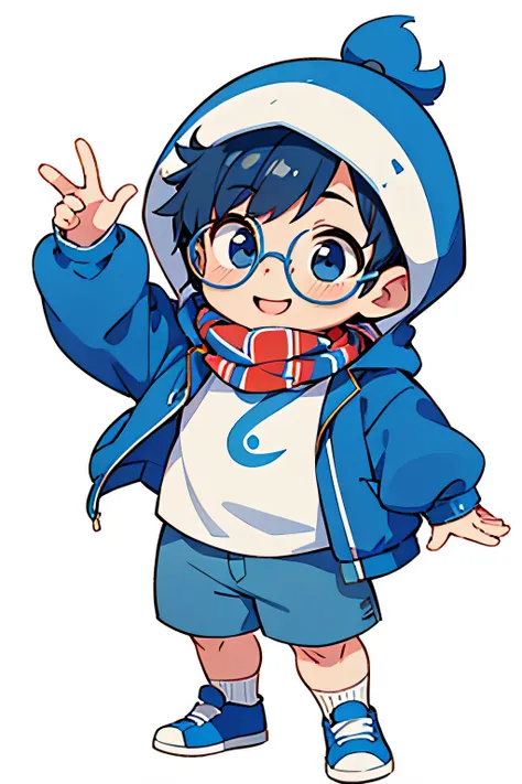 fat boy, face round, wear glasses, blue jacket with hood,White t-shirt, blue shorts, blue sneakers, Smile, Scarf, in a panoramic view, Front, [transparent image background], chibi,standing straight, looking in front, white background, only 1 character