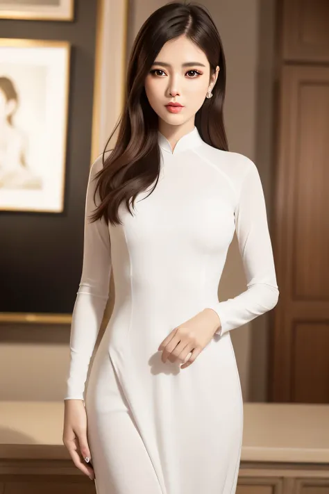 a women in white aodai ,best quality, masterpiece,(realistic:1.2),