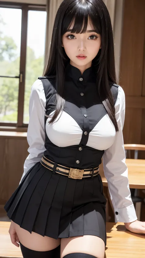 ((high quality)), ((table top), (detailed face), (highlight), female、Big breasts、blunt bangs、black hair、standing position、combat uniform、skirt、