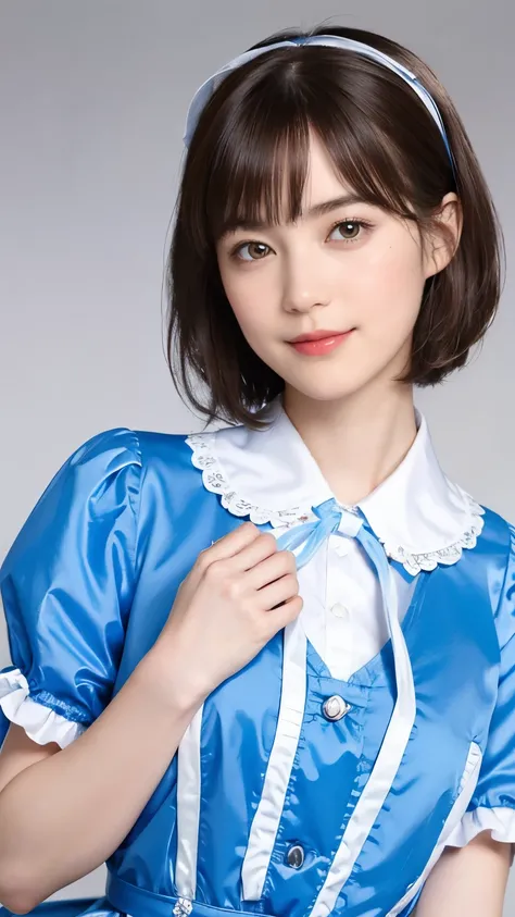 188 (alice in wonderland), (wearing a large ribbon on your head,,), short hair, young woman, gentle smile