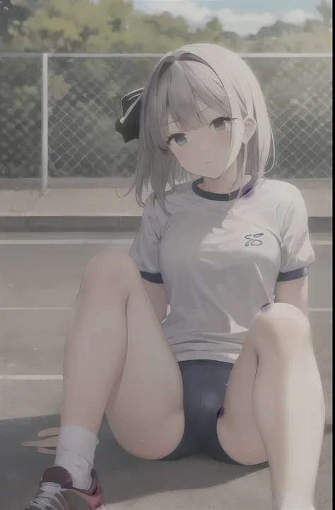 1 girl,alone,Youmu,white shirt,white socks, Gym suit,Dark blue bloomers, sports shoes, sitting, get your knees up,schoolyard,outdoor, blue sky,Sweat, front elevation
break
(masterpiece, highest quality,Super detailed,)