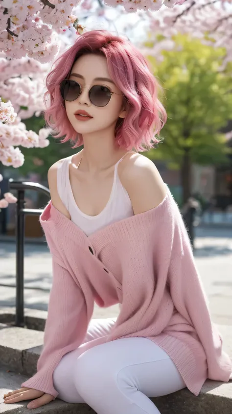 In a vibrant spring park, a Chinese woman captures the essence of contemporary style with her distinctively colored and styled hair. Her short hair is dyed a lively shade of pink, reflecting a bold and modern aesthetic. The ends of her hair are softly curl...