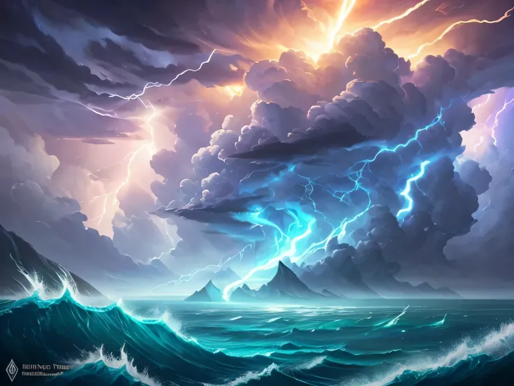 A fantasy style digital painting of a violent storm at sea, lightning bolts, clouds, ominous, lord of the rings style, magic the gathering style, highly detailed, digital painting, artstation, concept art, smooth, illustration, detailed illustration, paste...