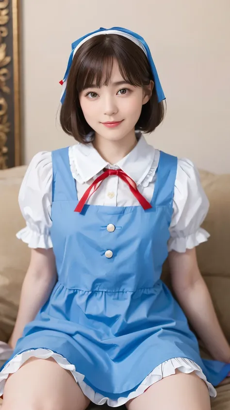 188 (alice in wonderland), (wearing a large ribbon on your head,,), short hair, young woman, gentle smile