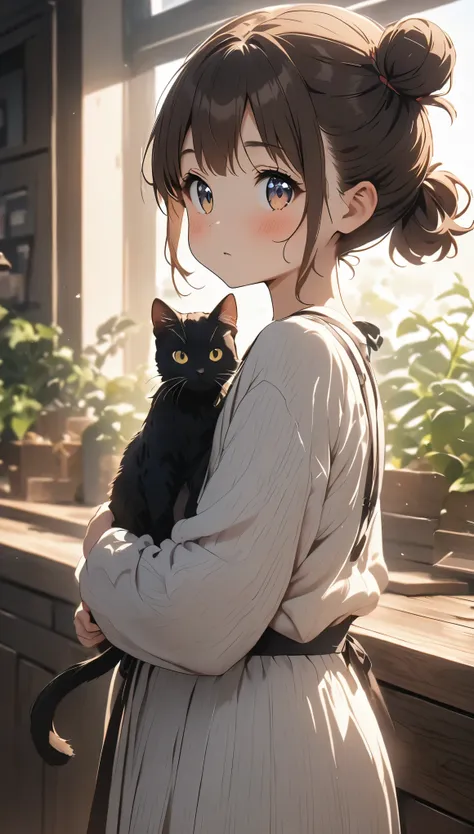 highest quality、black catを抱く女の子、cute 14 year old girl、bun hair with brown hair tied、black cat、natural look、long shot、natural lig...