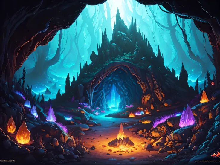 A fantasy style digital painting of a dark cave filled with glowing fungi and molds, lord of the rings style, magic the gathering style, highly detailed, digital painting, artstation, concept art, smooth, illustration, detailed illustration, pastel tetradi...