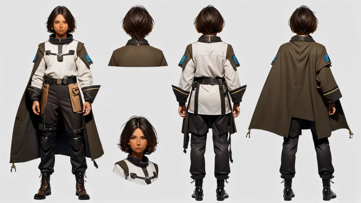 (Masterpiece, best quality), detailed, ((character concept art)), ((character design sheet, same character, front, side, back)), many items, (random gender, sci-fi uniform cloth, space traveler cloth, military cloth, many parts), (random skin color:2) , (r...