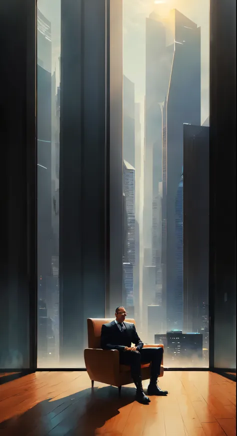 a skyscraper office in the big city, the cyborg man sits in a luxurious chair, heavy man boots, high quality, absurdres, masterpiece, beautiful, intricate details, 1/2 body crop, slim body, beautiful figure, magnificent anatomy, (intricate details:1.12), H...