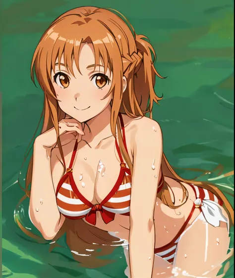 1girl,asuna yuuki,bikini ,brown eyes,brown hair ,closed mouth,collarbone,medium breasts ,long hair,looking at viewer,navel,partially submerged,red bikini ,smile,solo,striped,striped bikini,swimsuit ,very long hair, in water, beach background,