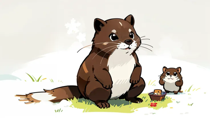 Cute groundhog cartoon image, One adorable groundhog in a colorful outfit, Sitting up on its hind legs, Looking around curiously with bright, shiny eyes, Mini groundhog huddled in winter coat, Whiskers twitching in alert mode, Holds a tiny shovel, Ready to...