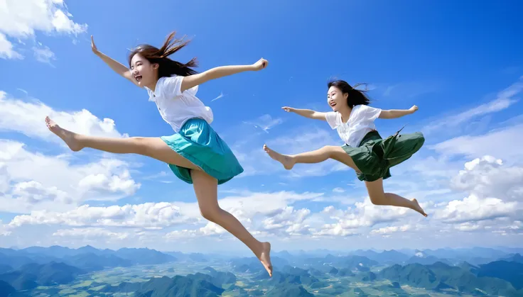 Two 18-year-old girls flying in the sky。No flying tools help。Below the girl is a very beautiful natural scenery