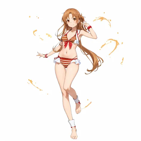 1girl,asuna yuuki,bikini ,brown eyes,brown hair ,closed mouth,collarbone,medium breasts ,long hair,looking at viewer,navel,red bikini ,smile,solo,striped,striped bikini,swimsuit ,very long hair, beach background,