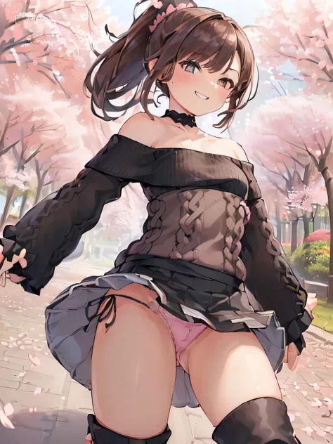 (Masterpiece, top quality, high resolution, realistic photo, realistic looking skin:1.1),
(Woman walking in park lined with cherry blossom trees:1.2),
(Skirt billowing in the wind: 1.8),
(Fully exposed panties:1.8),
(grinning shyly:1.5),(grinning expressio...